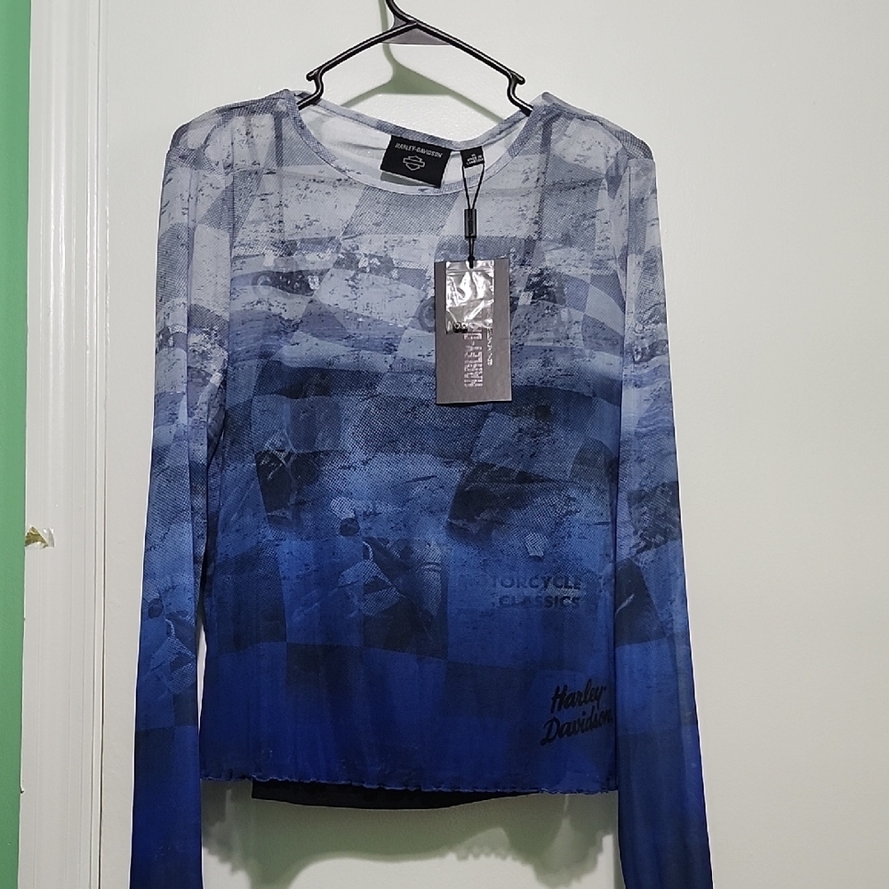 Harley-Davidson Blue Graphic Fitted Long Sleeve Blouse